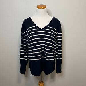 Pure Collection 100% Cashmere Sweater Striped V Neck Navy Blue White Women 8/10